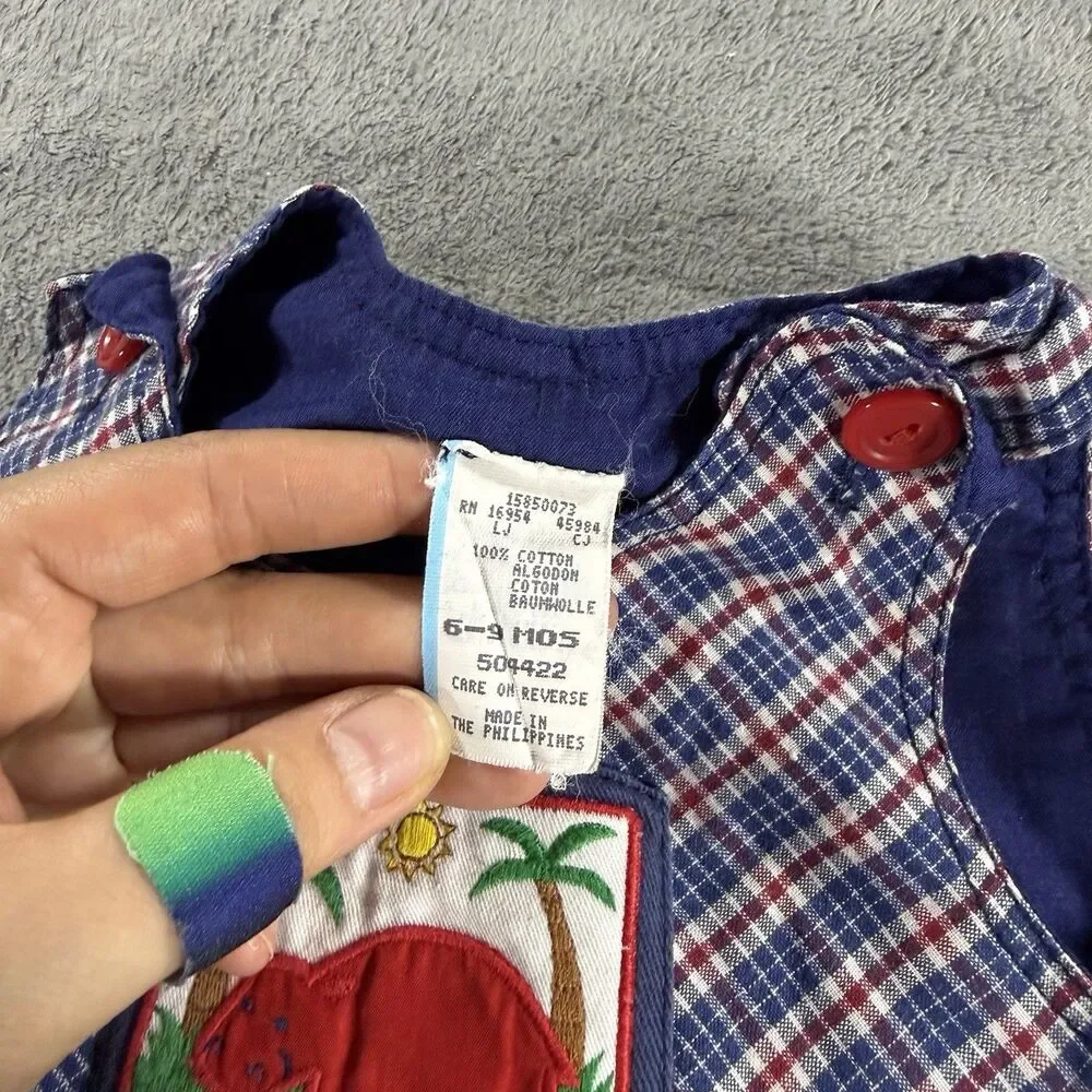 Vintage Baby Romper One-Piece Outfit Bubble Plaid Hippo‎ Appliqué Patch 6-9 Mon